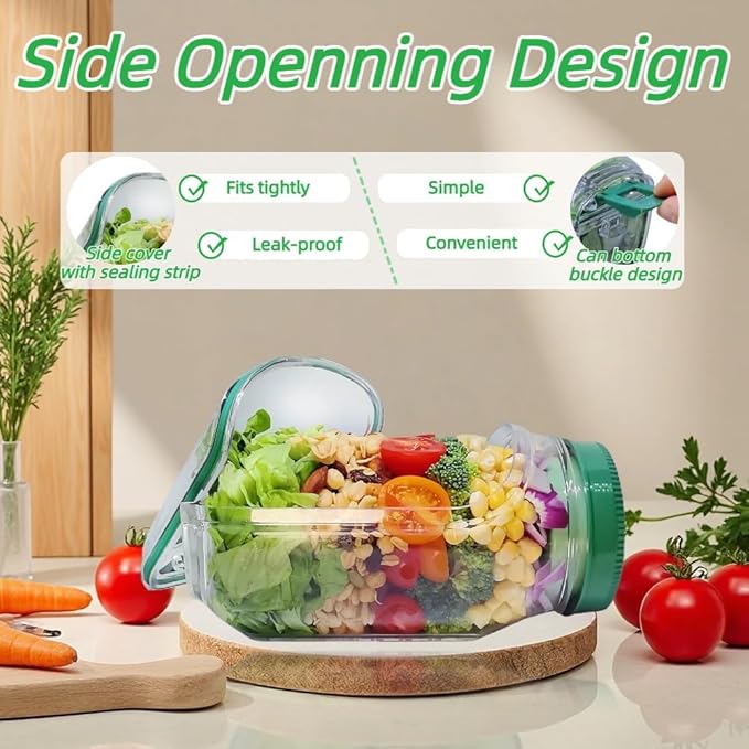 Mason Jar Salad Container with Side-Opening Lid & Dressing Compartment | 1000ml Leakproof Meal Prep Jar