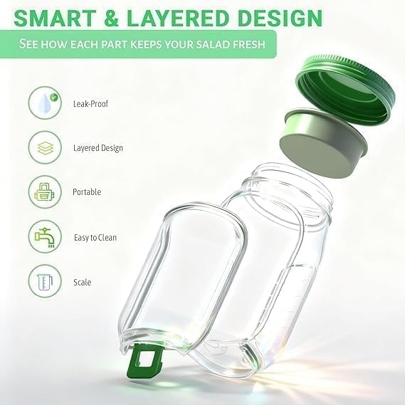 Mason Jar Salad Container with Side-Opening Lid & Dressing Compartment | 1000ml Leakproof Meal Prep Jar