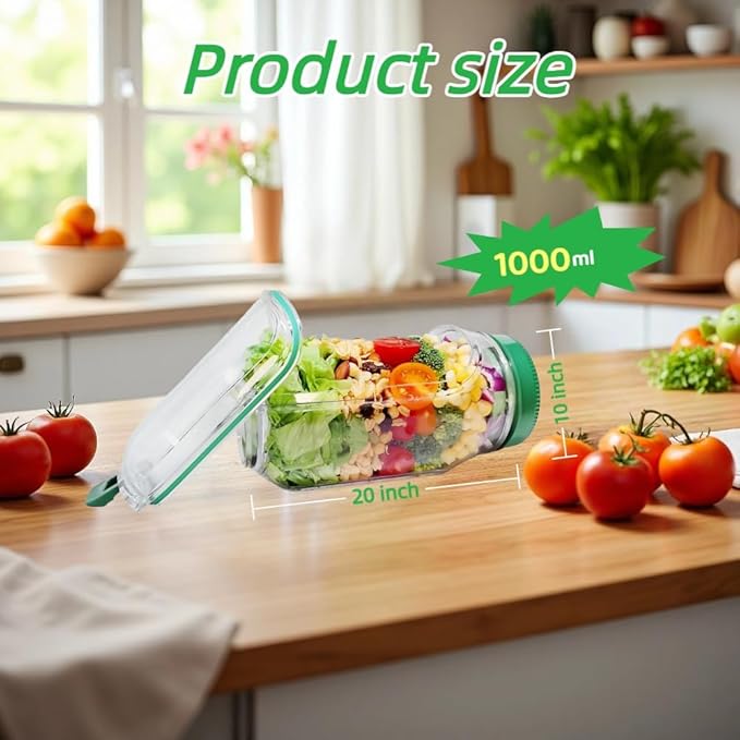 Mason Jar Salad Container with Side-Opening Lid & Dressing Compartment | 1000ml Leakproof Meal Prep Jar