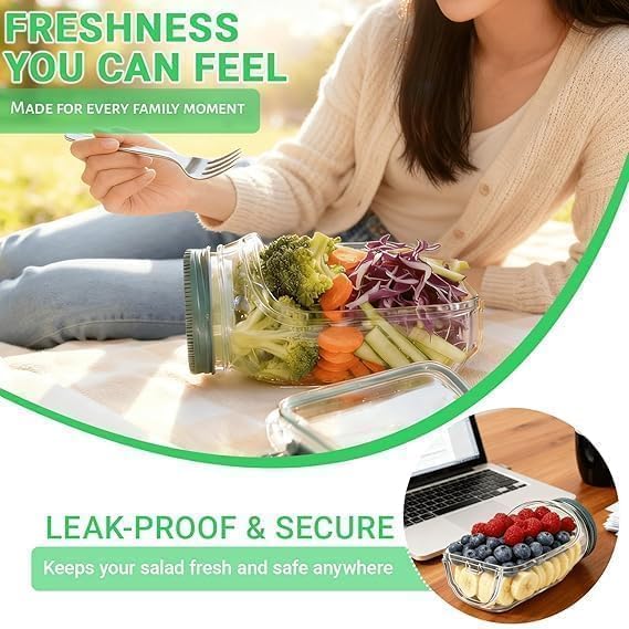 Mason Jar Salad Container with Side-Opening Lid & Dressing Compartment | 1000ml Leakproof Meal Prep Jar