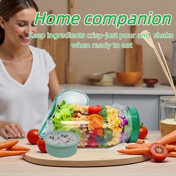 Mason Jar Salad Container with Side-Opening Lid & Dressing Compartment | 1000ml Leakproof Meal Prep Jar