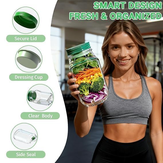 Mason Jar Salad Container with Side-Opening Lid & Dressing Compartment | 1000ml Leakproof Meal Prep Jar