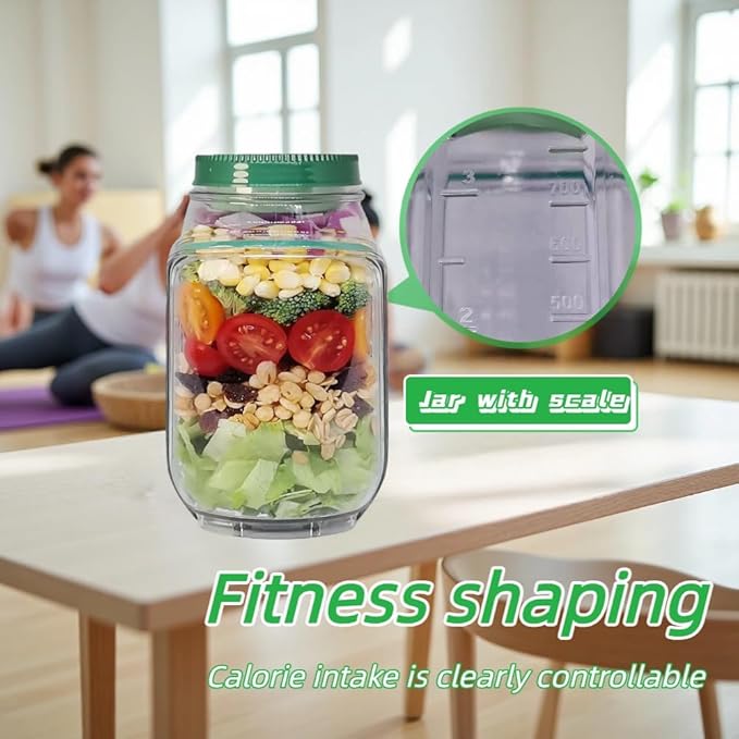 Mason Jar Salad Container with Side-Opening Lid & Dressing Compartment | 1000ml Leakproof Meal Prep Jar