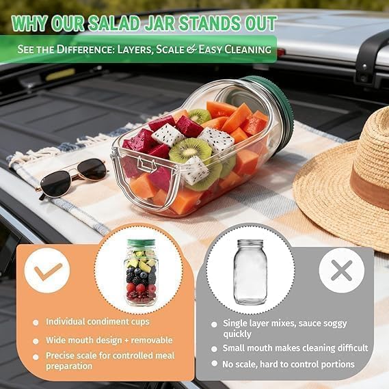 Mason Jar Salad Container with Side-Opening Lid & Dressing Compartment | 1000ml Leakproof Meal Prep Jar